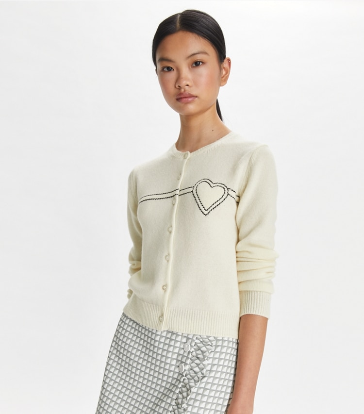 Tory Sport designer sweaters Heart Pick Stitch Cashmere Cardigan in NEW IVORY on model detail