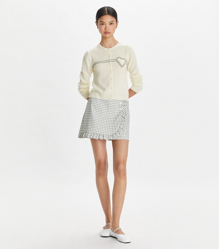 Tory Sport designer sweaters Heart Pick Stitch Cashmere Cardigan in NEW IVORY front
