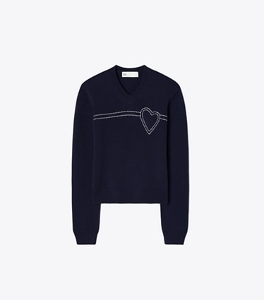 Tory Sport designer sweaters Heart Pick Stitch Cashmere Sweater in Tory Navy / New Ivory front