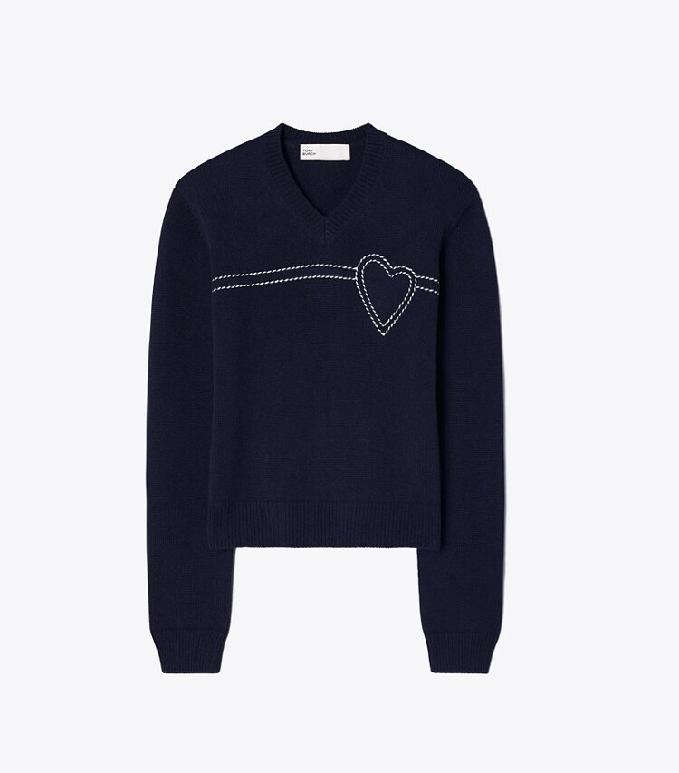 Tory Sport designer sweaters Heart Pick Stitch Cashmere Sweater in Tory Navy / New Ivory front
