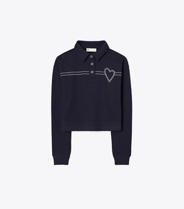 Tory Sport designer sweaters Heart Pick Stitch Cotton Polo in Medium Navy front
