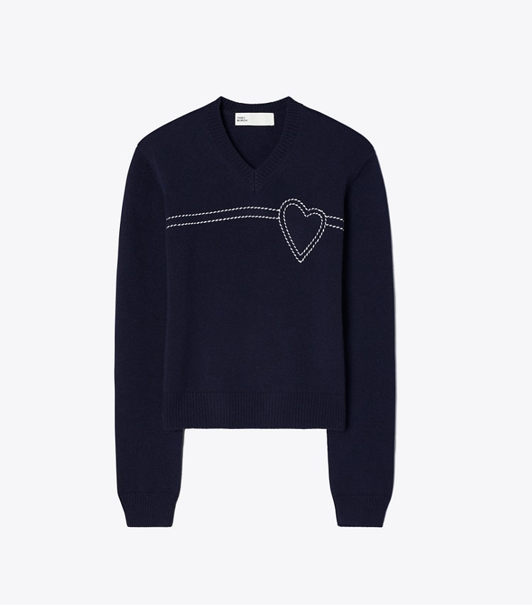 Tory Sport designer sweaters Heart Pickstitch Cashmere Sweater in Tory Navy / New Ivory front