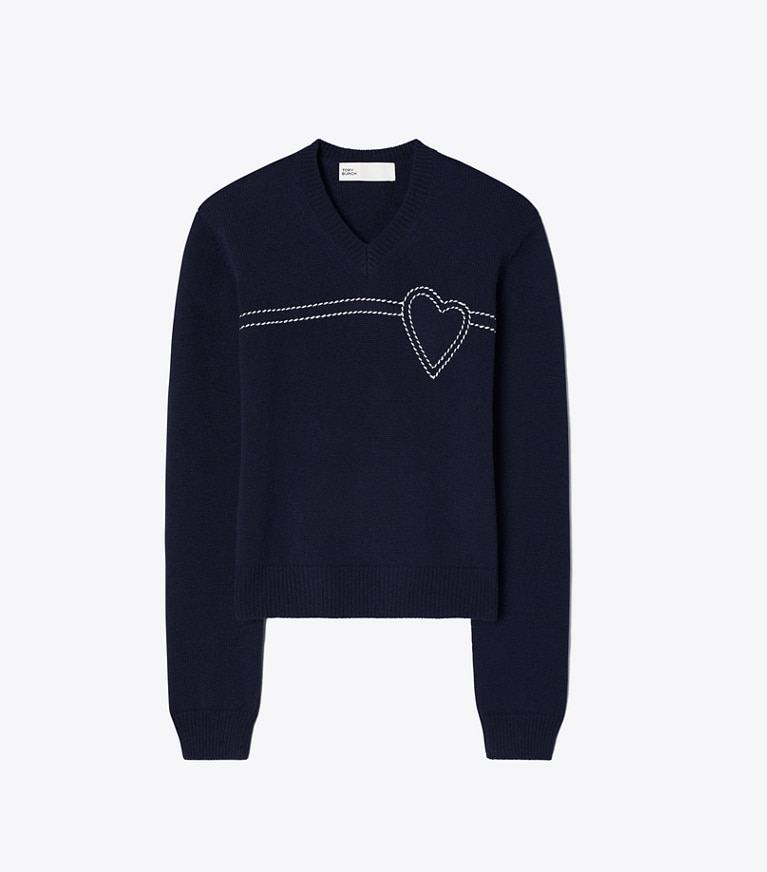 Tory Sport designer sweaters Heart Pickstitch Cashmere Sweater in Tory Navy / New Ivory front