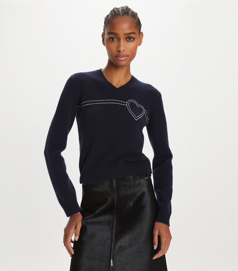 Tory Sport designer sweaters Heart Pickstitch Cashmere Sweater in Tory Navy / New Ivory front