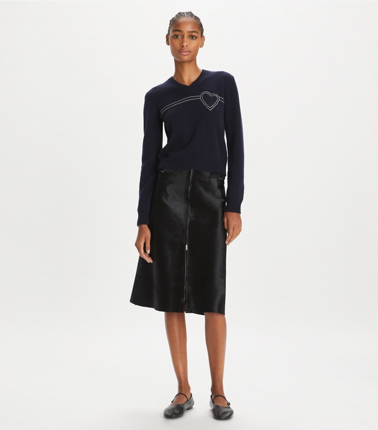 Tory Sport designer sweaters Heart Pickstitch Cashmere Sweater in Tory Navy / New Ivory front