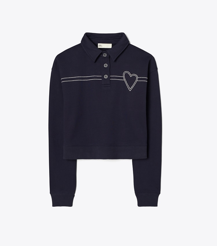 Tory Sport designer sweaters Heart Pickstitch Cotton Polo in Medium Navy front