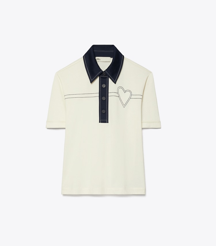Tory Sport designer tops Heart Pickstitch Cotton Polo in New Ivory / Tory Navy front