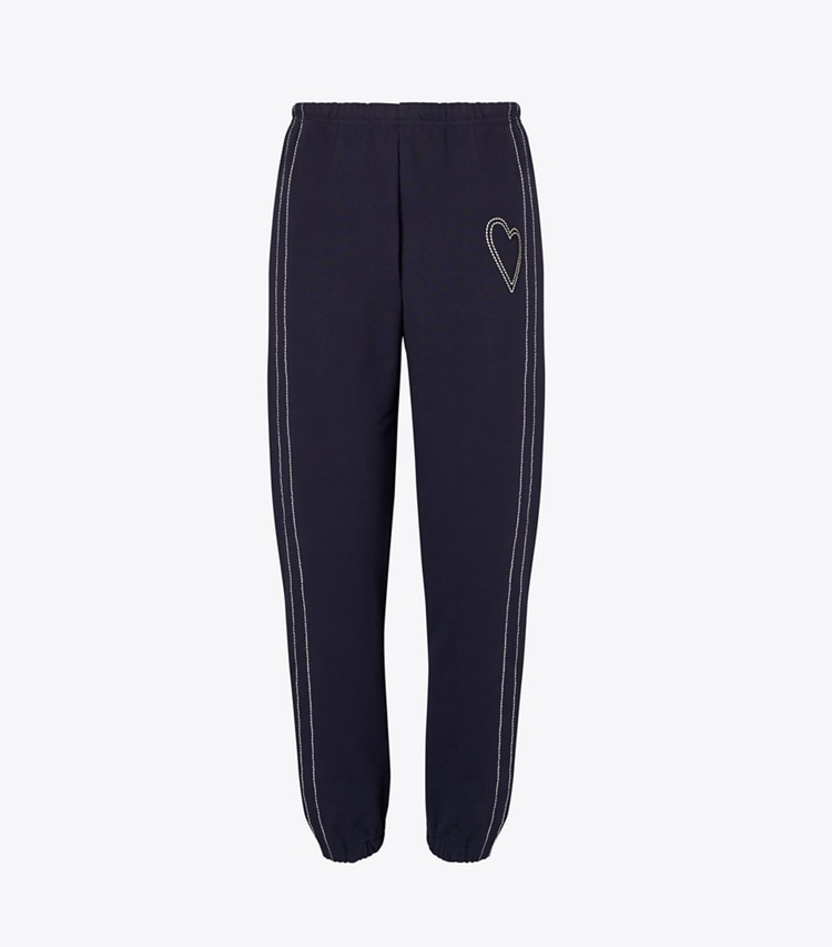 Tory Sport designer bottoms Heart Pickstitch French Terry Sweatpant in Medium Navy front