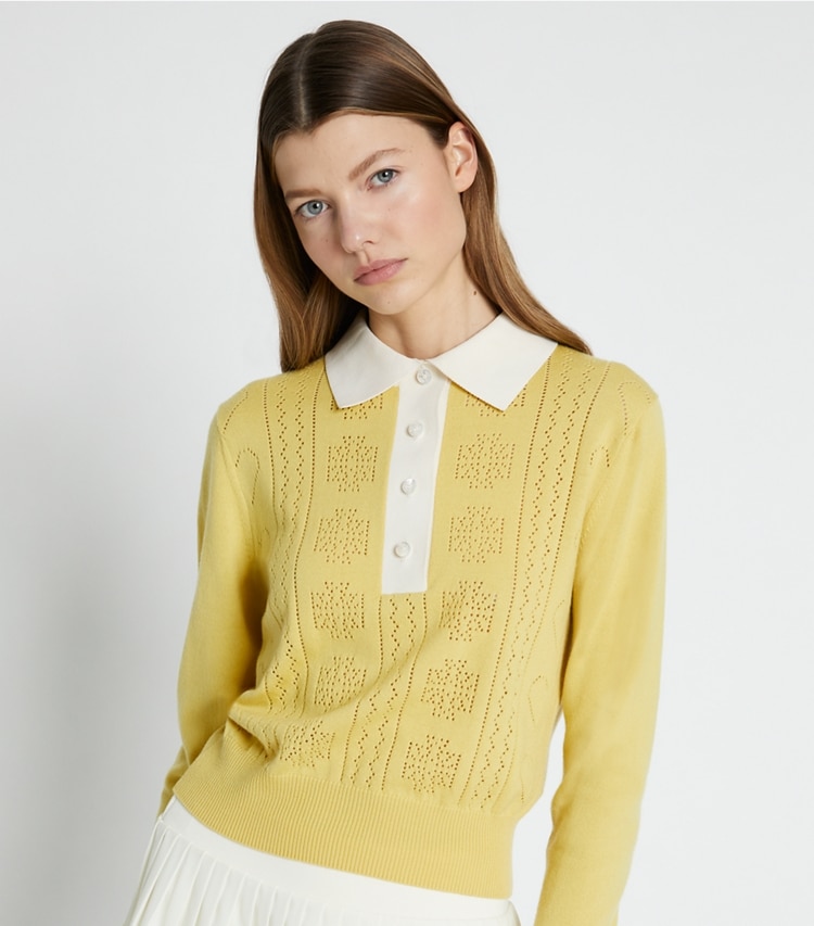 Tory Sport designer sweaters Heart Pointelle Sweater in Sweet Butter on model detail