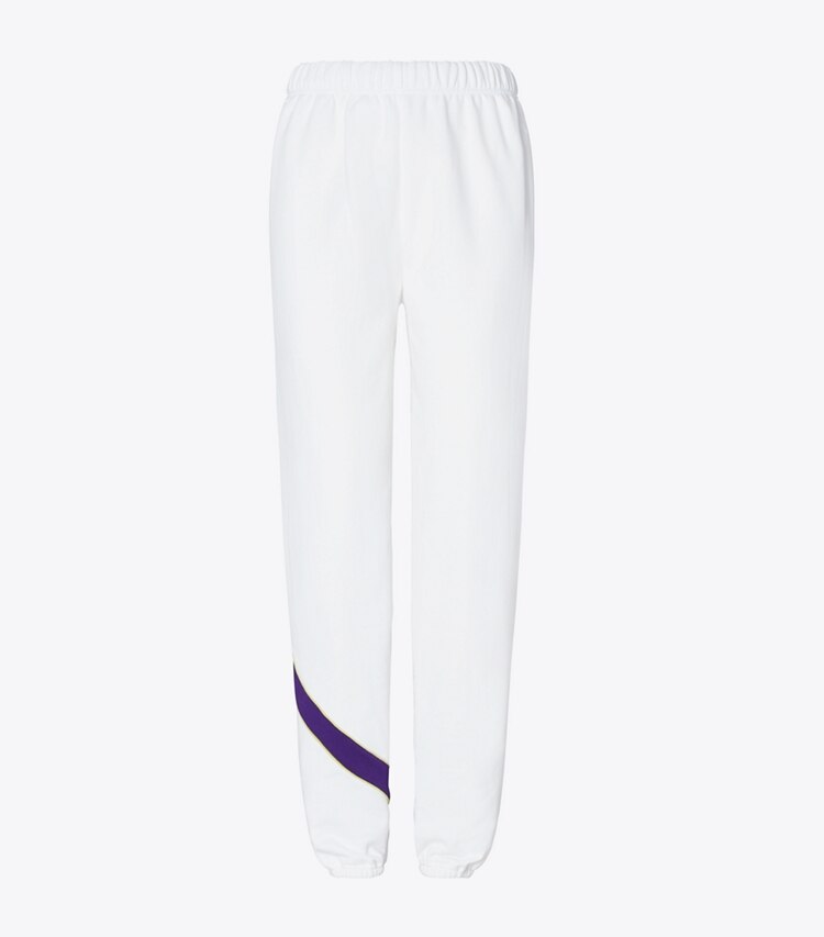 Tory Sport designer bottoms Heavy French Terry Chevron Sweatpant in Snow White / Eggplant front