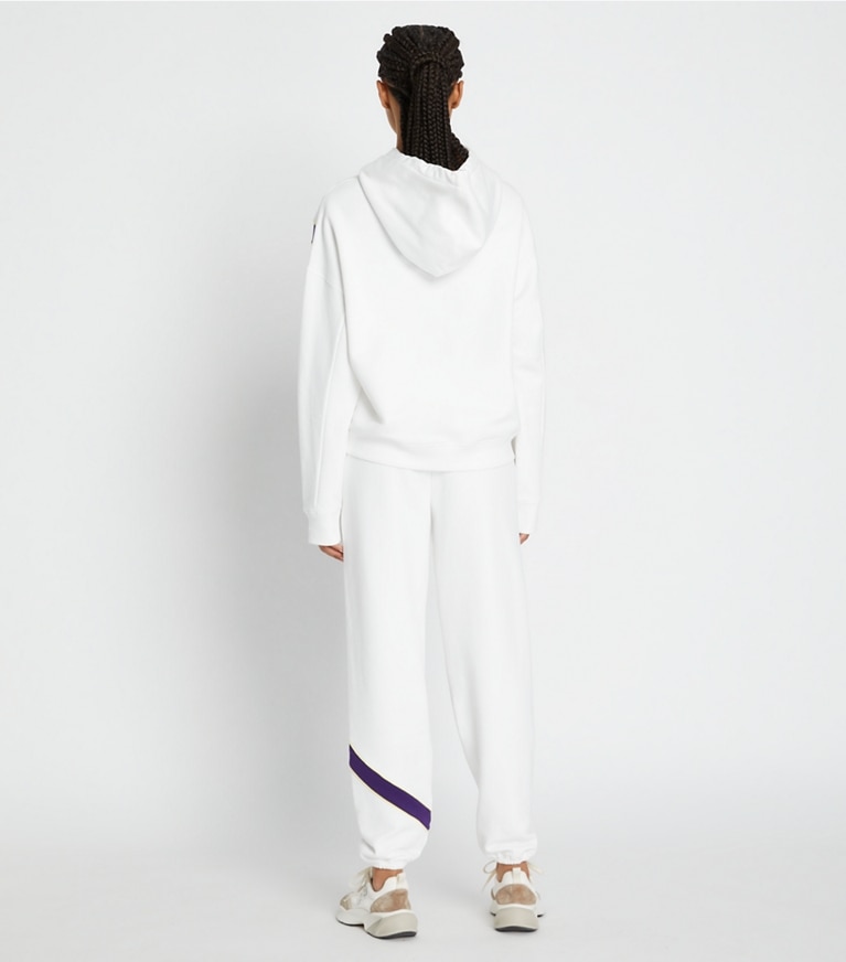 Tory Sport designer bottoms Heavy French Terry Chevron Sweatpant in Snow White / Eggplant front
