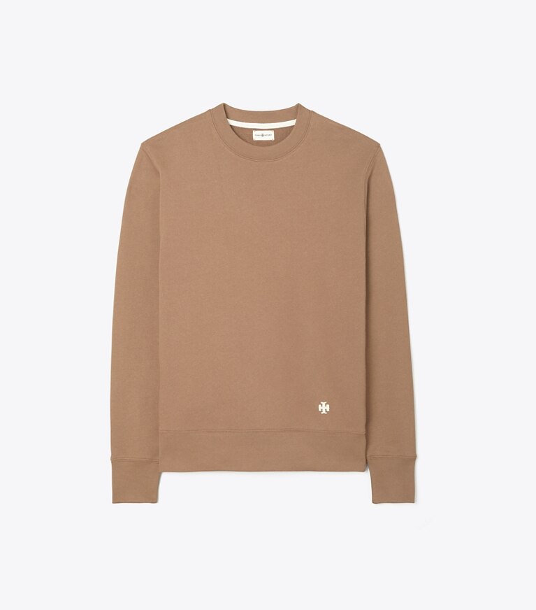 Tory Sport designer sweaters Heavy French Terry Crewneck in Brown Oak front