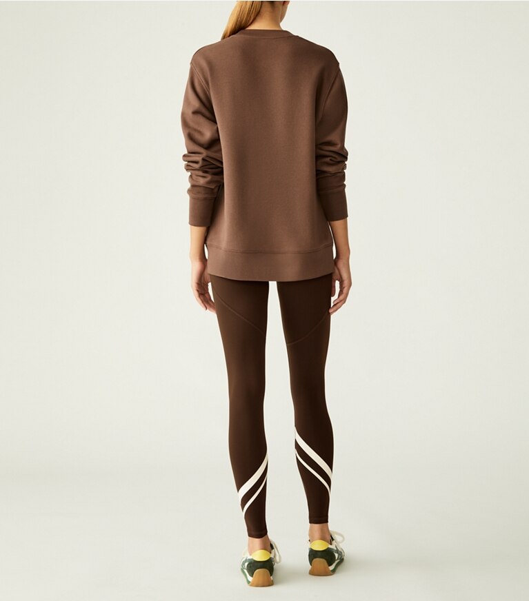 Tory Sport designer sweaters Heavy French Terry Crewneck in Brown Oak on model back