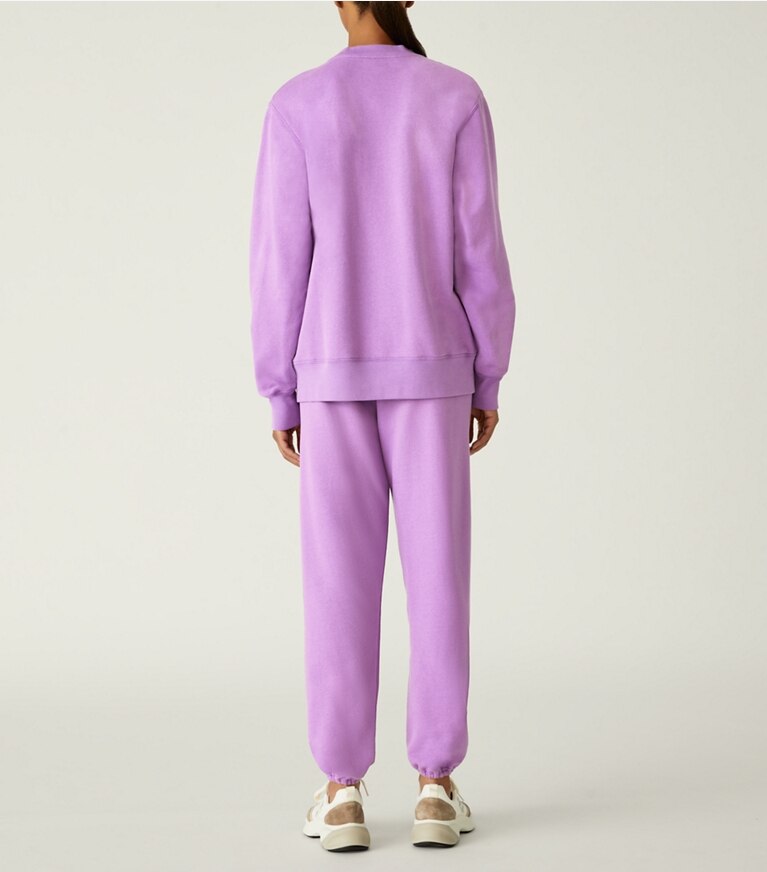 Tory Sport designer sweaters Heavy French Terry Crewneck in Purple Holly on model back