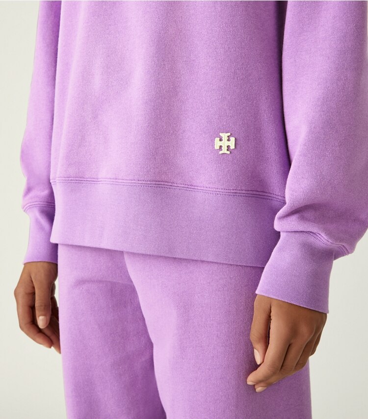 Tory Sport designer sweaters Heavy French Terry Crewneck in Purple Holly on model detail