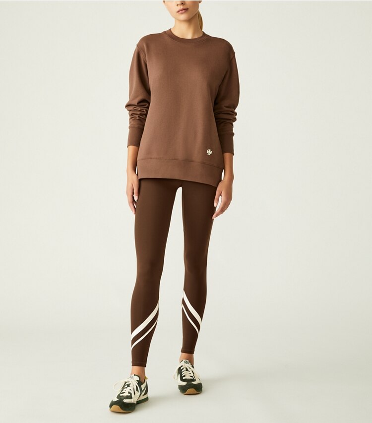 Tory Sport designer sweaters Heavy French Terry Crewneck in Brown Oak on model front