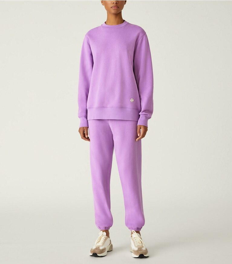 Tory Sport designer sweaters Heavy French Terry Crewneck in Purple Holly on model front