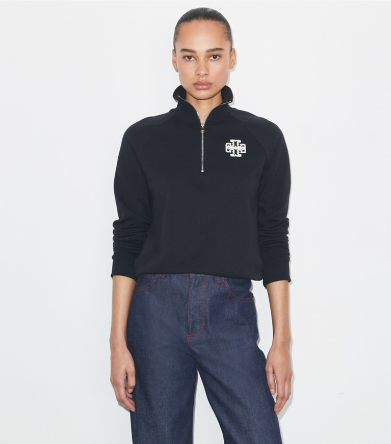 Tory Burch designer sweaters Heavy French Terry Half-Zip Sweatshirt in Black front