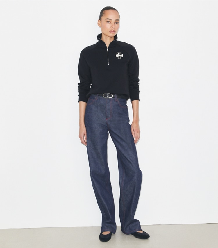 Tory Burch designer sweaters Heavy French Terry Half-Zip Sweatshirt in Black on model front