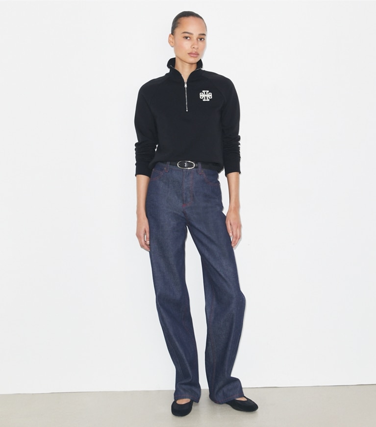 Tory Burch designer sweaters Heavy French Terry Half-Zip Sweatshirt in Black front