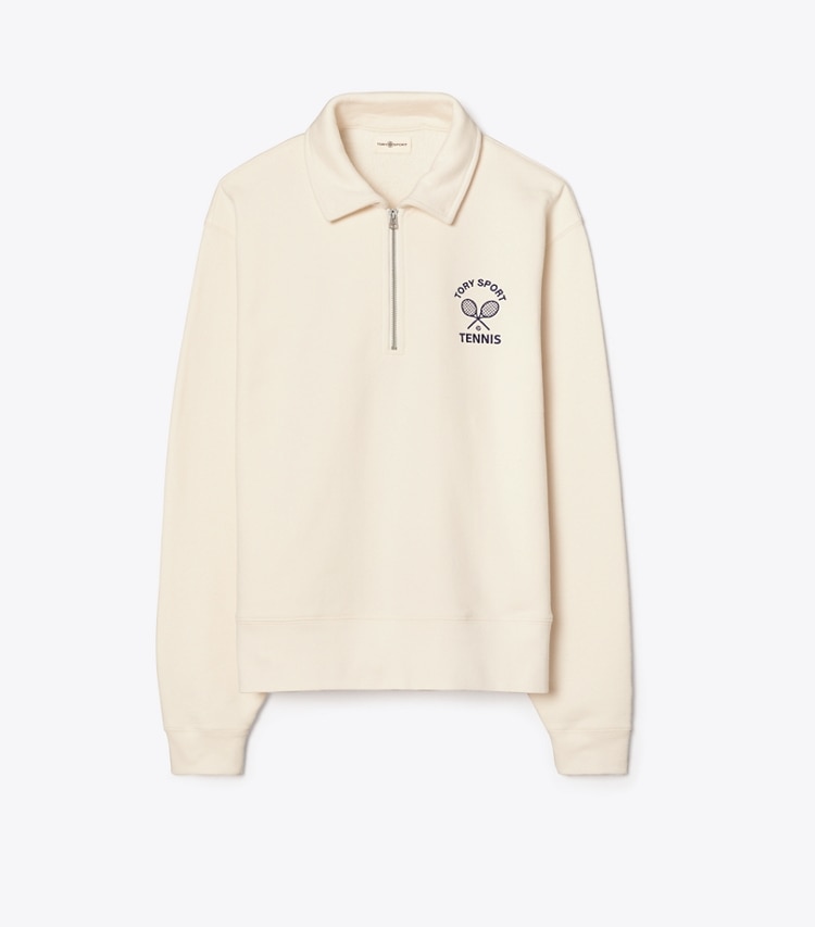Tory Sport designer tops Heavy French Terry Half-Zip Tennis Pullover in Ivory Pearl / Tory Navy front