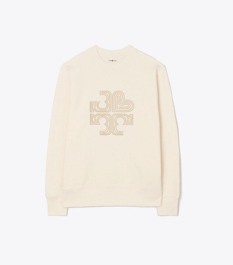 Tory Sport designer sweaters Heavy French Terry Heart Logo Crewneck in Ivory Pearl front