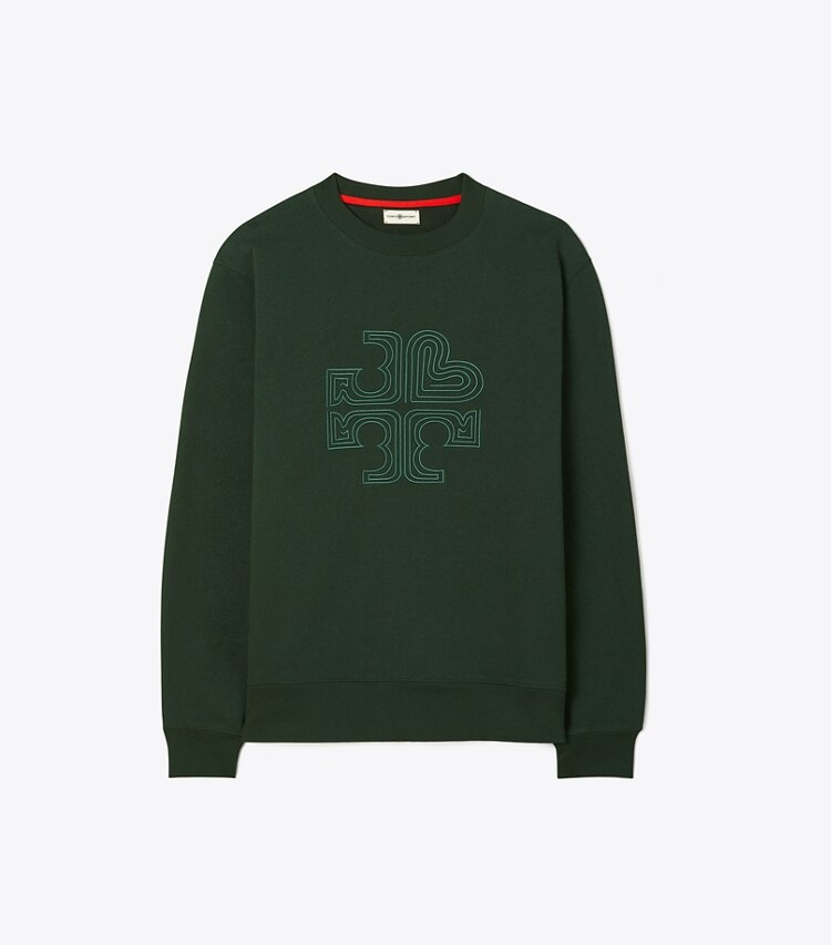 Tory Burch designer sweaters Heavy French Terry Heart Logo Crewneck in Conifer front