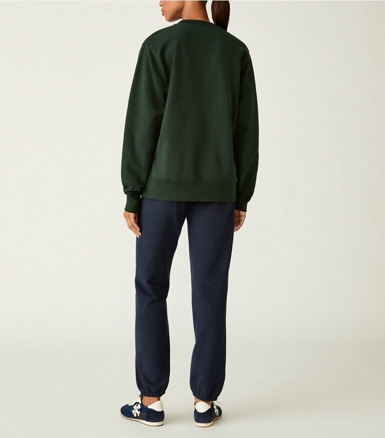 Tory Burch designer sweaters Heavy French Terry Heart Logo Crewneck in Conifer front