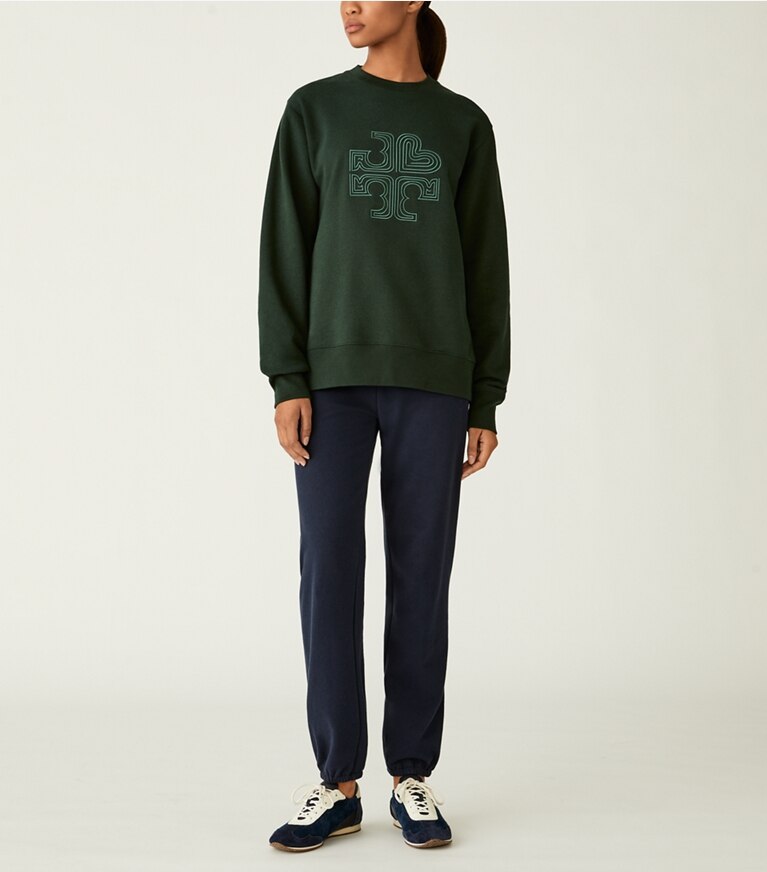 Tory Burch designer sweaters Heavy French Terry Heart Logo Crewneck in Conifer front