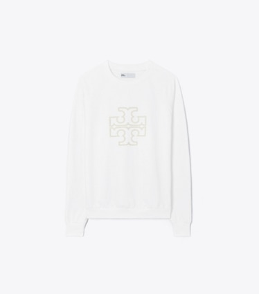 Tory Burch designer sweaters Heavy French Terry Logo Crewneck in Snow White front