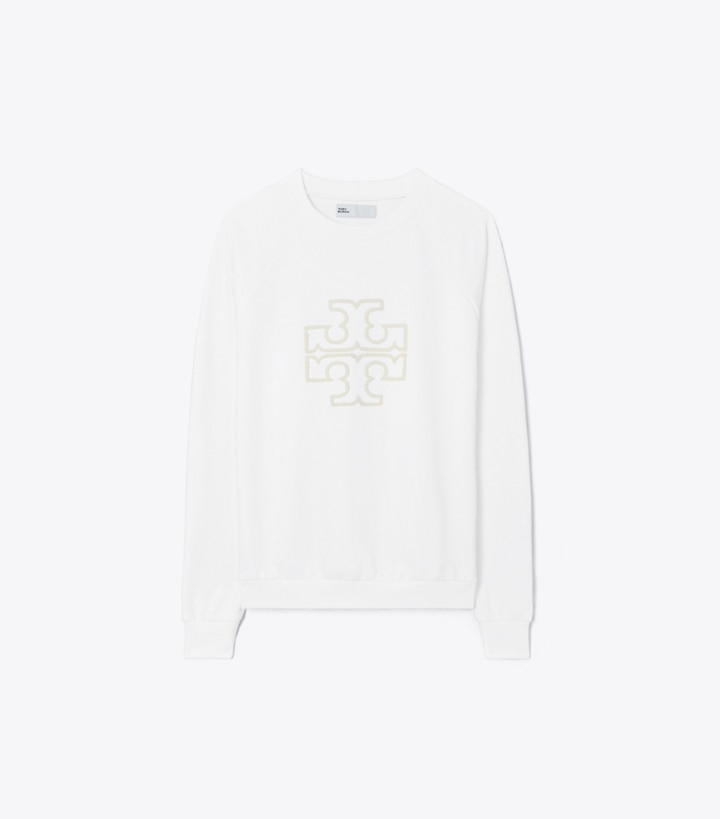 Tory Sport designer sweaters Heavy French Terry Logo Crewneck in Snow White front