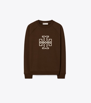 Tory Burch designer sweaters Heavy French Terry Logo Crewneck in Chocolate front