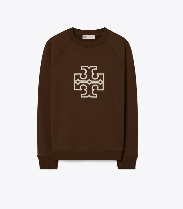 Tory Burch designer sweaters Heavy French Terry Logo Crewneck in Chocolate front