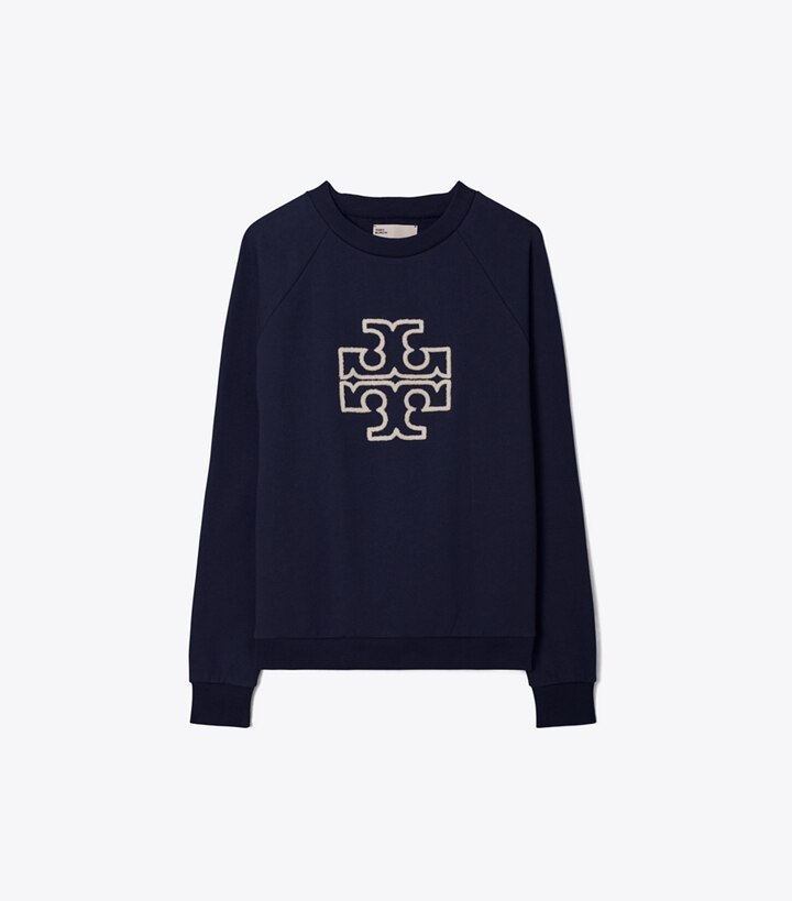 Tory Sport designer sweaters Heavy French Terry Logo Crewneck in Tory Navy front