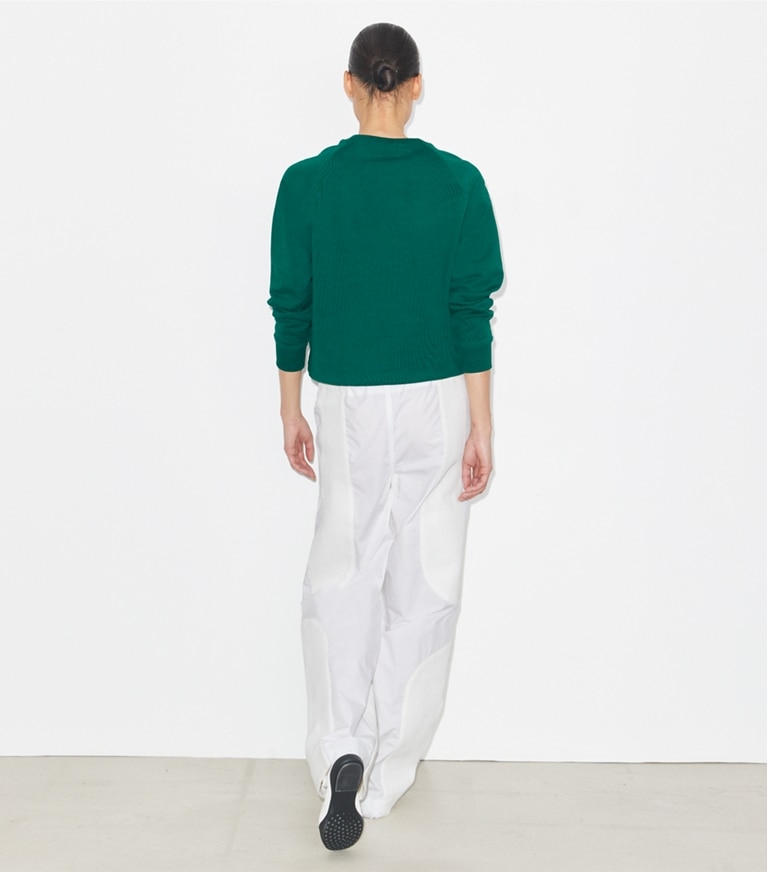 Tory Burch designer sweaters Heavy French Terry Logo Crewneck in Emerald on model back