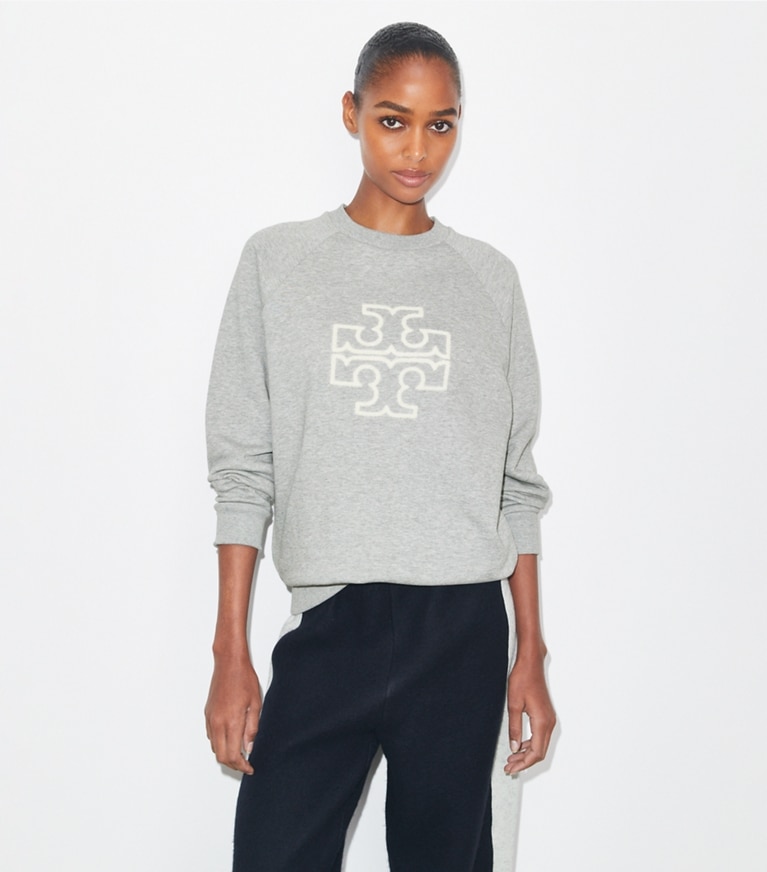 Tory Burch designer sweaters Heavy French Terry Logo Crewneck in Medium Grey Heather front