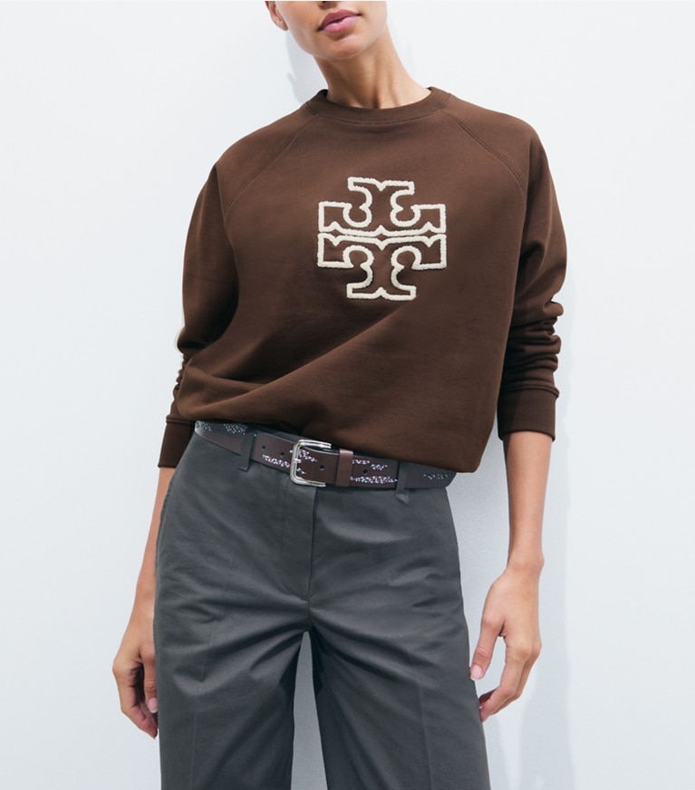 Tory Burch designer sweaters Heavy French Terry Logo Crewneck in Chocolate on model detail