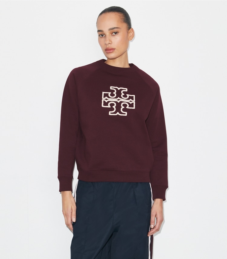 Tory Burch designer sweaters Heavy French Terry Logo Crewneck in Dark Merlot on model detail