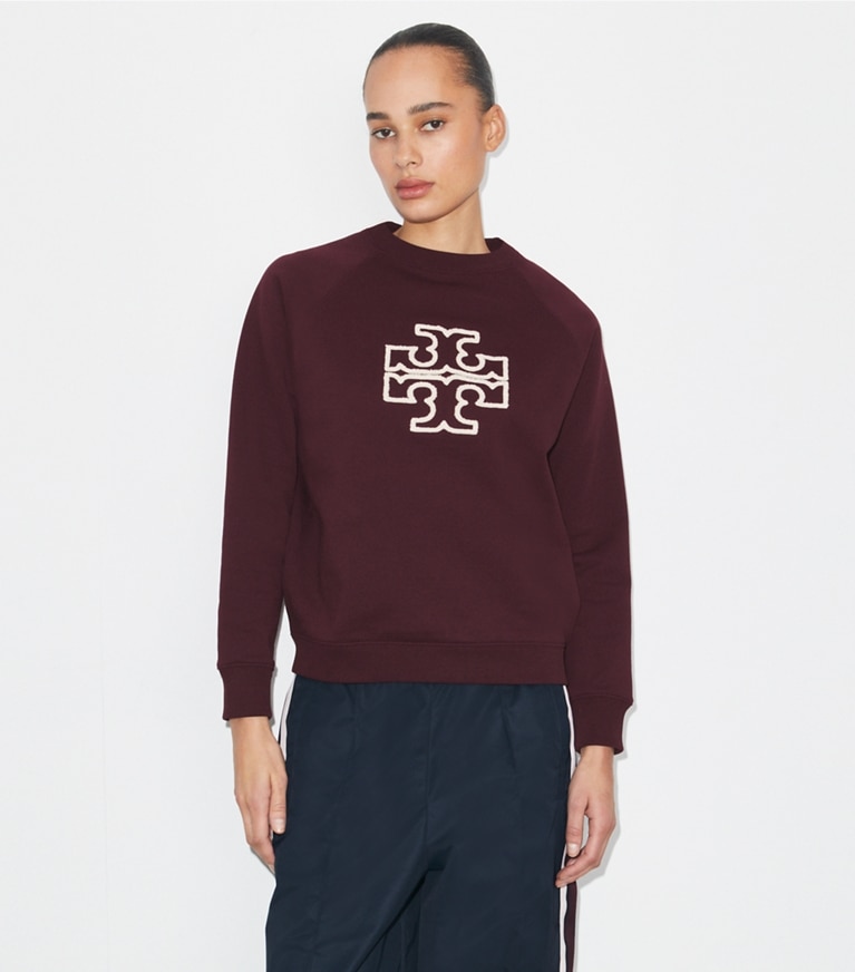 Tory Burch designer sweaters Heavy French Terry Logo Crewneck in Dark Merlot on model detail