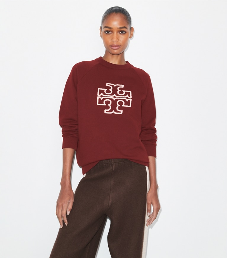 Tory Burch designer sweaters Heavy French Terry Logo Crewneck in Dark Sangria front