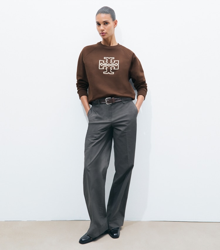 Tory Burch designer sweaters Heavy French Terry Logo Crewneck in Chocolate on model front