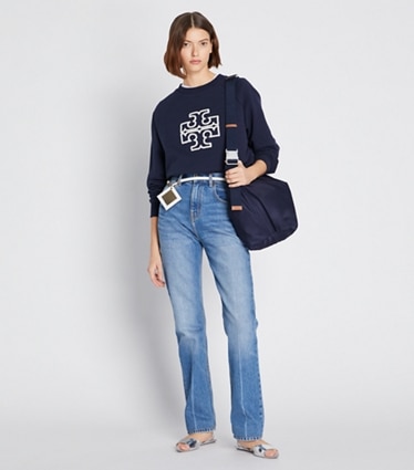 Tory Burch designer セーター フレンチテリー ラグラン ロゴクルーネック in Tory Navy モデル前面