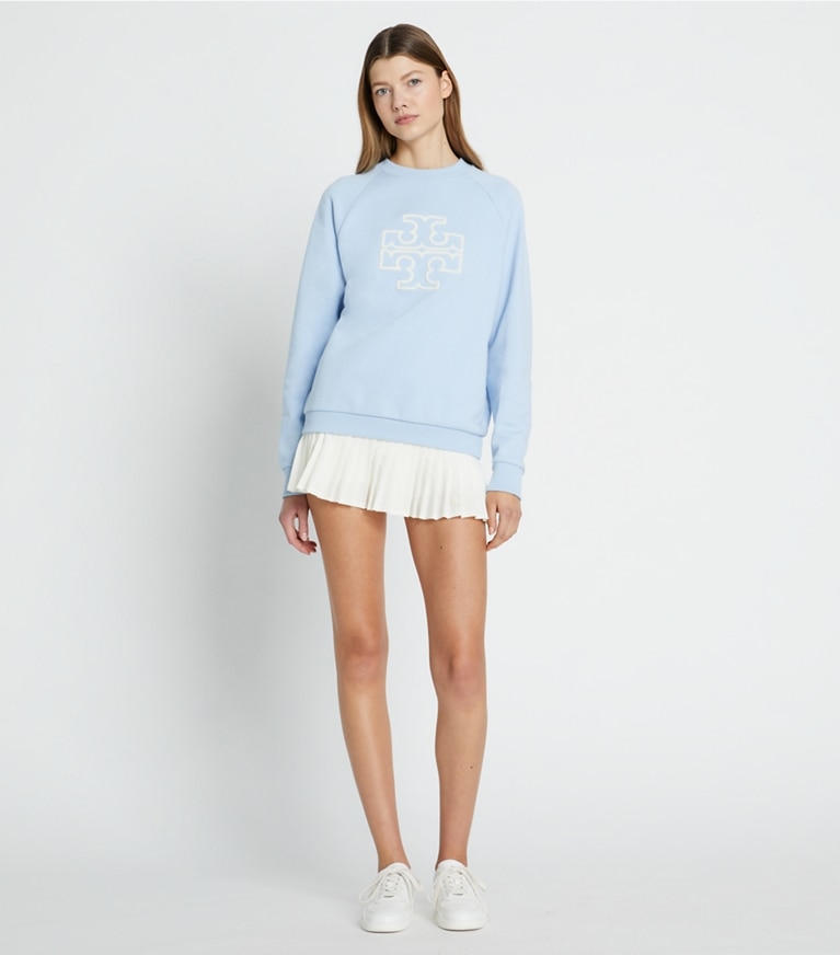 Tory Burch designer sweaters Heavy French Terry Logo Crewneck in Ice Floe front