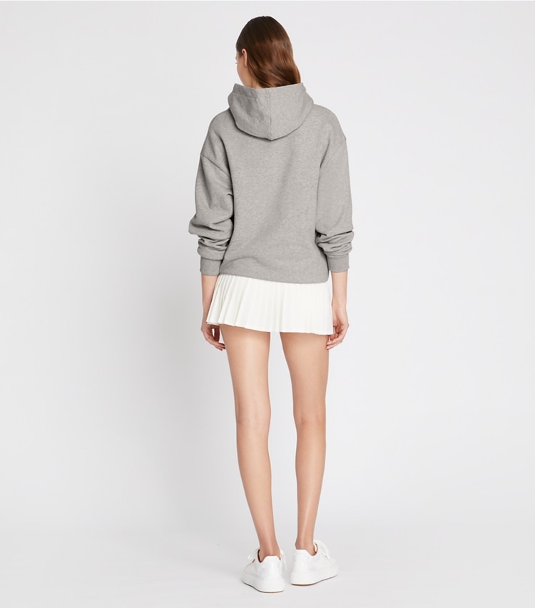 Tory Burch designer sweaters Heavy French Terry Logo Hoodie in Medium Grey Heather on model back