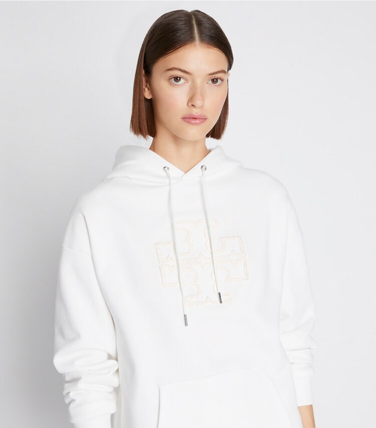 Tory Burch designer sweaters Heavy French Terry Logo Hoodie in Snow White on model detail