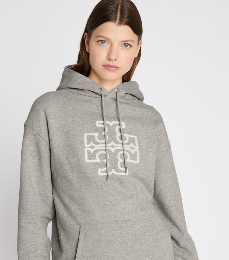 Tory Burch designer sweaters Heavy French Terry Logo Hoodie in Medium Grey Heather on model detail