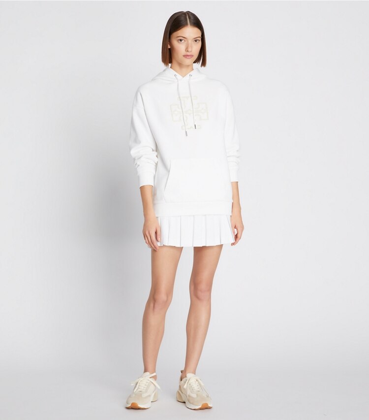 Tory Burch designer sweaters Heavy French Terry Logo Hoodie in Snow White on model front