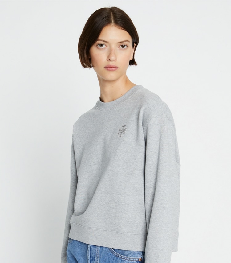 Tory Burch designer sweaters Heavy French Terry Sweatshirt in Medium Grey Heather on model detail