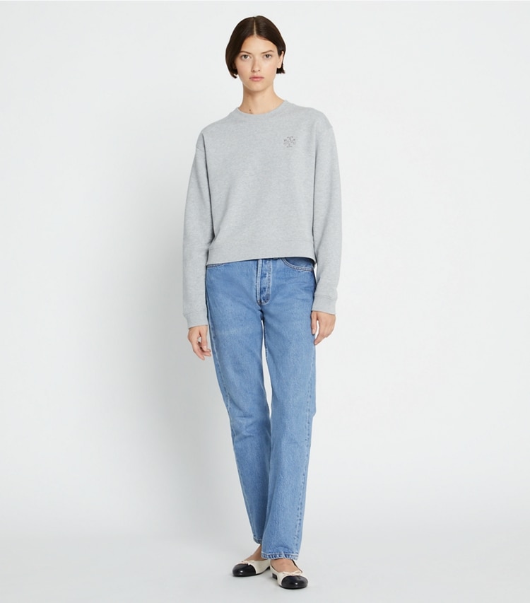 Tory Burch designer sweaters Heavy French Terry Sweatshirt in Medium Grey Heather on model front