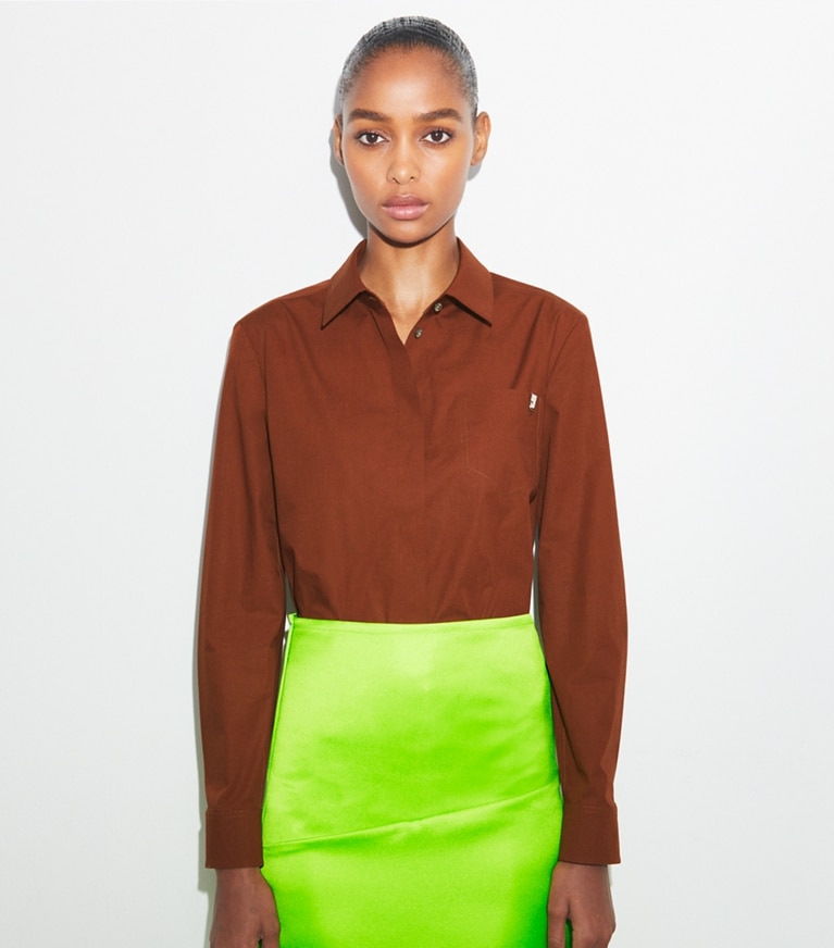 Tory Burch designer oberteile Hemd aus Baumwollpopeline in Rich Manogany front